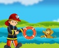 cartoon scene with fireman lifeguard recuing dog from drowning in river stream illustration for children Royalty Free Stock Photo
