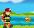 cartoon scene with fireman lifeguard recuing dog from drowning in river stream illustration for children Royalty Free Stock Photo