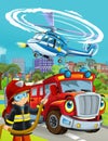 Cartoon scene with fireman vehicle on the road driving through the city and fireman standing near by - illustration