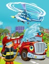 Cartoon scene with fireman vehicle on the road driving through the city and fireman standing near by - illustration