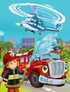 Cartoon scene with fireman vehicle on the road driving through the city and fireman standing near by - illustration