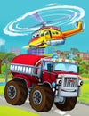 Cartoon scene with fireman vehicle on the road helicopter and fireman - illustration