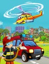 Cartoon scene with fireman vehicle on the road - illustration