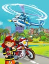 Cartoon scene with fireman car brigade or motorcycle fireman boy and police helicopter illustration for children kids