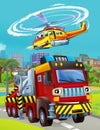 Cartoon scene with fireman vehicle on the road - illustration for children