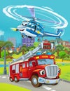 Cartoon scene with fireman vehicle on the road - illustrationcartoon scene with fireman vehicle on the road - illustration