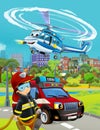 Cartoon scene with fireman vehicle on the road - illustrationcartoon scene with fireman vehicle on the road - illustration