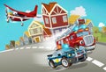 Cartoon scene with fireman vehicle on the road with police car Royalty Free Stock Photo