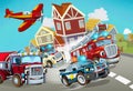 Cartoon scene with fireman vehicle on the road with police car Royalty Free Stock Photo