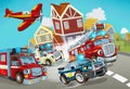 Cartoon scene with fireman vehicle on the road with police car Royalty Free Stock Photo