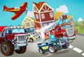 Cartoon scene with fireman vehicle on the road with police car Royalty Free Stock Photo