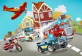 Cartoon scene with fireman vehicle on the road with police car Royalty Free Stock Photo