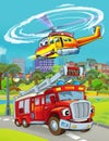 Cartoon scene with fireman working near some ambulance and building is burning illustration for kids