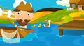 Cartoon scene of a fisherman swimming out for work Royalty Free Stock Photo