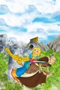 Cartoon scene of a with flying on a broomstick with young girl - in background collapsing medieval tower - beautiful manga girl