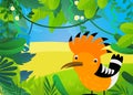 cartoon scene with forest and animal bird hoopoe illustration for children