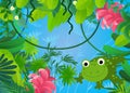 cartoon scene with forest and animal creature amphibian frog toad illustration for children