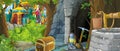 Cartoon scene in the forest with hidden mystery entrance to the old mine kingdom castle in the background - illustration for kids Royalty Free Stock Photo