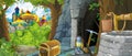 Cartoon scene in the forest with hidden mystery entrance to the old mine kingdom castle in the background - illustration for kids Royalty Free Stock Photo