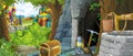 Cartoon scene in the forest with hidden mystery entrance to the old mine kingdom castle in the background - illustration for kids Royalty Free Stock Photo