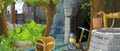 Cartoon scene in the forest with hidden mystery entrance to the old mine kingdom castle in the background - illustration for kids Royalty Free Stock Photo