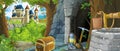 Cartoon scene in the forest with hidden mystery entrance to the old mine kingdom castle in the background - illustration for kids Royalty Free Stock Photo