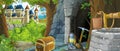 Cartoon scene in the forest with hidden mystery entrance to the old mine kingdom castle in the background - illustration for kids Royalty Free Stock Photo