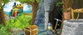 Cartoon scene in the forest with hidden mystery entrance to the old mine kingdom castle in the background - illustration for kids Royalty Free Stock Photo