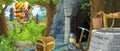 Cartoon scene in the forest with hidden mystery entrance to the old mine kingdom castle in the background - illustration for kids Royalty Free Stock Photo