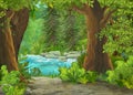 Cartoon scene in the forest nature with nobody on the stage - illustration for children