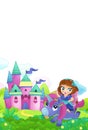 cartoon scene forest with pony horse and fairy princess flying castle isolated illustration for children