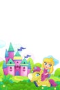 cartoon scene forest with pony horse and fairy princess flying castle isolated illustration for children