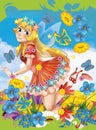 Cartoon scene framed - like cover - beauty - fairy flying over flower field Royalty Free Stock Photo