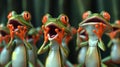 Cartoon scene of a frog belting out a highpitched tune while the judges cover their ears in agony. His fellow