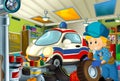 Cartoon scene with garage mechanic working repearing some vehicle - ambulance car - or cleaning work place