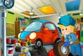 Cartoon scene with garage mechanic working repearing some vehicle - city car - or cleaning work place Royalty Free Stock Photo