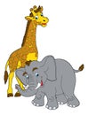 cartoon scene with giraffe and elephant friends happy playing fun sketch drawing isolated illustration for children