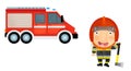 Cartoon scene with girl child showing fireman car on white background illustration