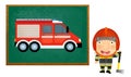 Cartoon scene with girl child showing fireman car on white background illustration