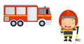 Cartoon scene with girl child showing fireman car on white background illustration