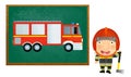 Cartoon scene with girl child showing fireman car on white background illustration