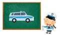 Cartoon scene with girl child showing police car on white background illustration