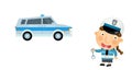 Cartoon scene with girl child showing police car on white background illustration