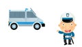 Cartoon scene with girl child showing police car on white background illustration