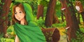 Cartoon scene with girl princess in the forest illustration