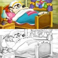 Cartoon scene of a girl sitting next to the bed where is resting wolf - with coloring page