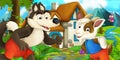 Cartoon scene with goat and wolf near village house Royalty Free Stock Photo