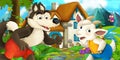 Cartoon scene with goat and wolf near village house Royalty Free Stock Photo