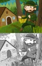 Cartoon good hunter forester near wooden house