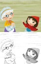 Cartoon scene with grandmother and girl in red hood granddaughter in the rest room illustration for children
